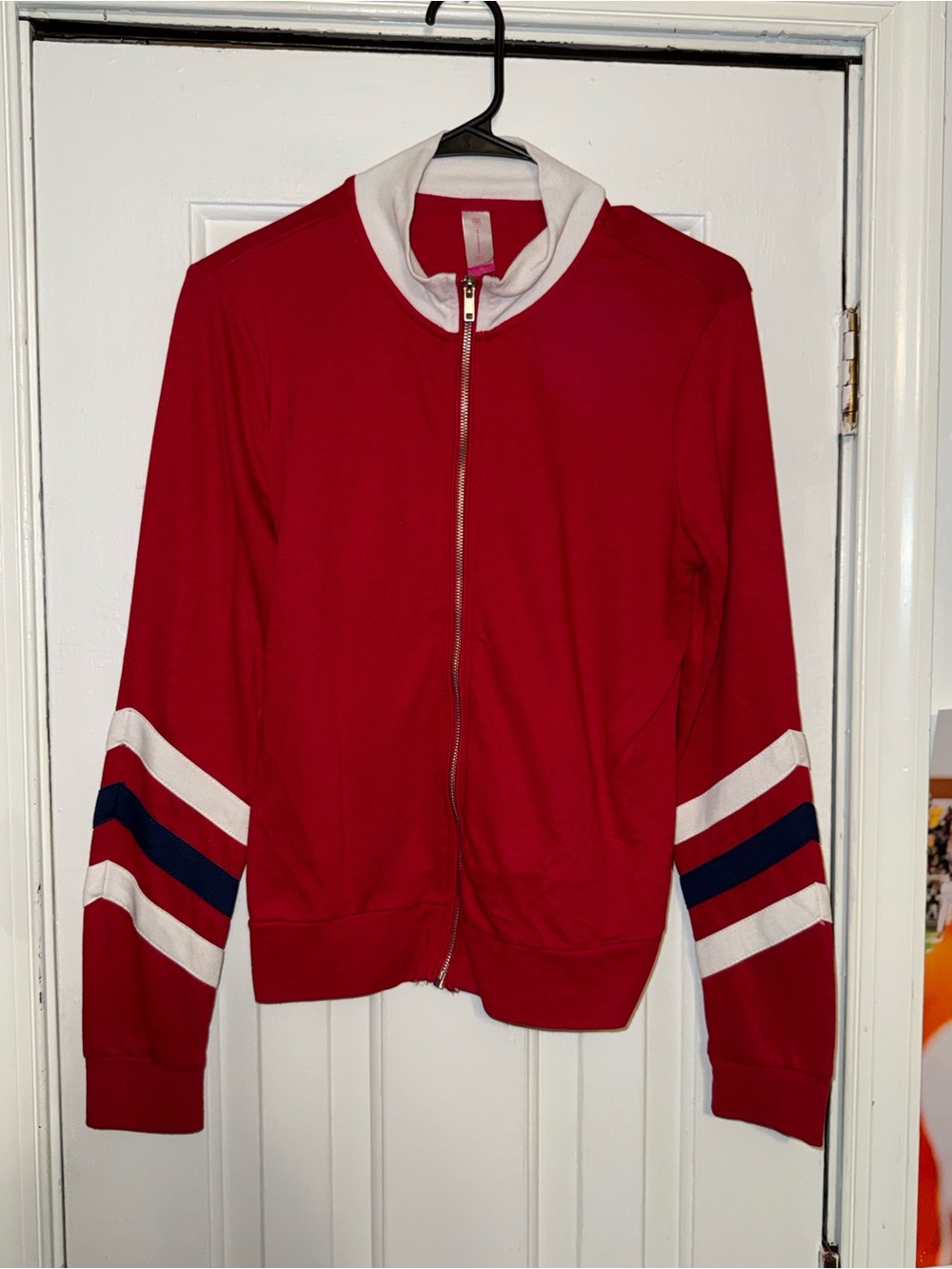 Red Zip-Front Track Jacket with Stripe Sleeves